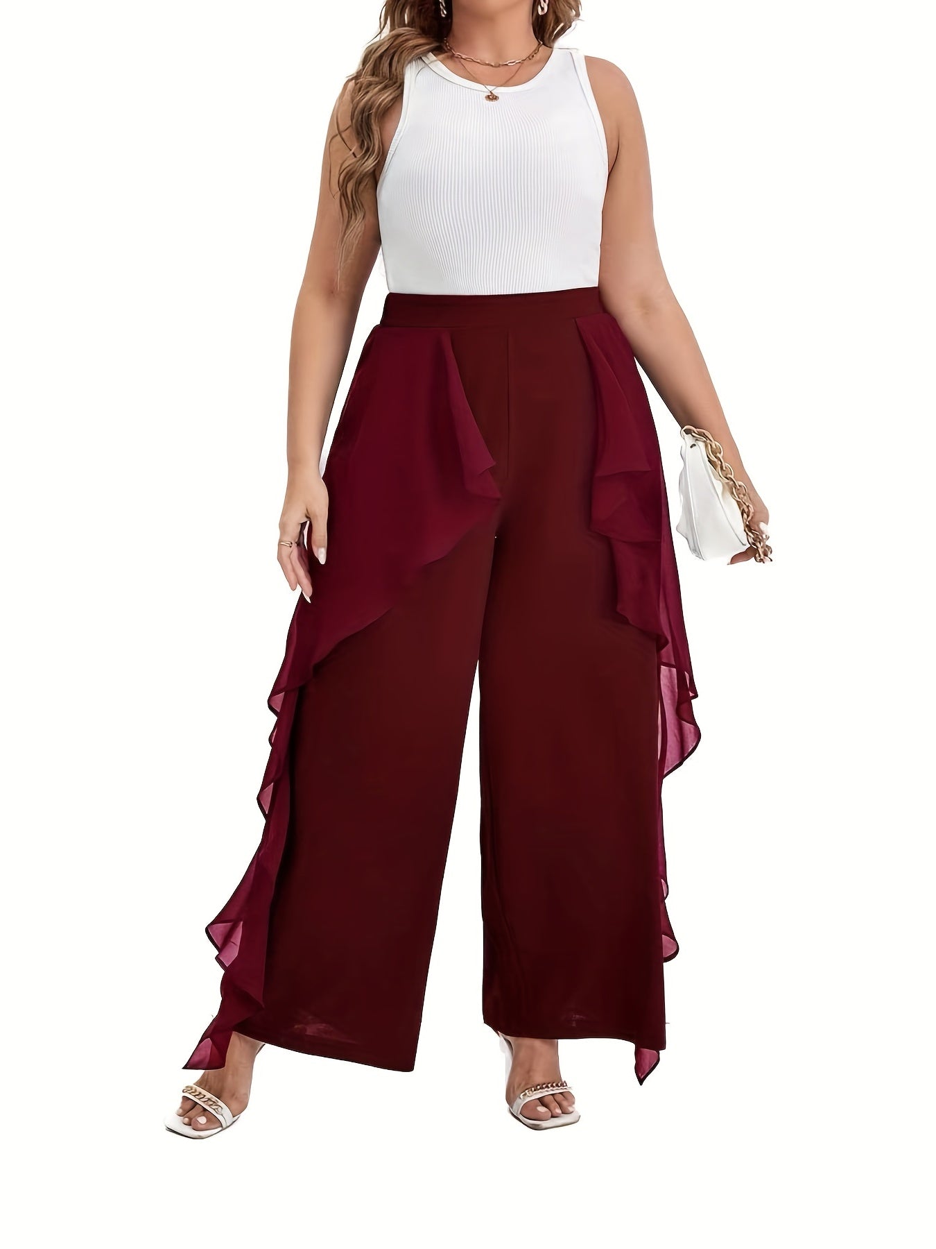  Solid Ruffle Trim High Rise Wide Leg Pants