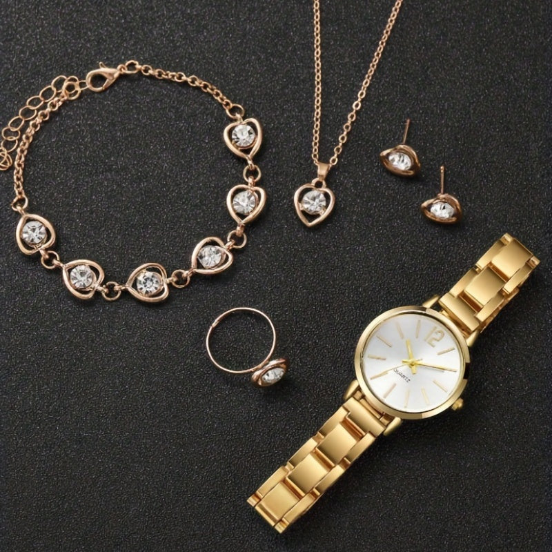 Zinc Alloy Round Pointer Quartz Watch & 5pcs Jewelry Set