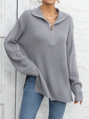 Long Sleeve Half Zip Side Slit Sweater for Winter & Fall