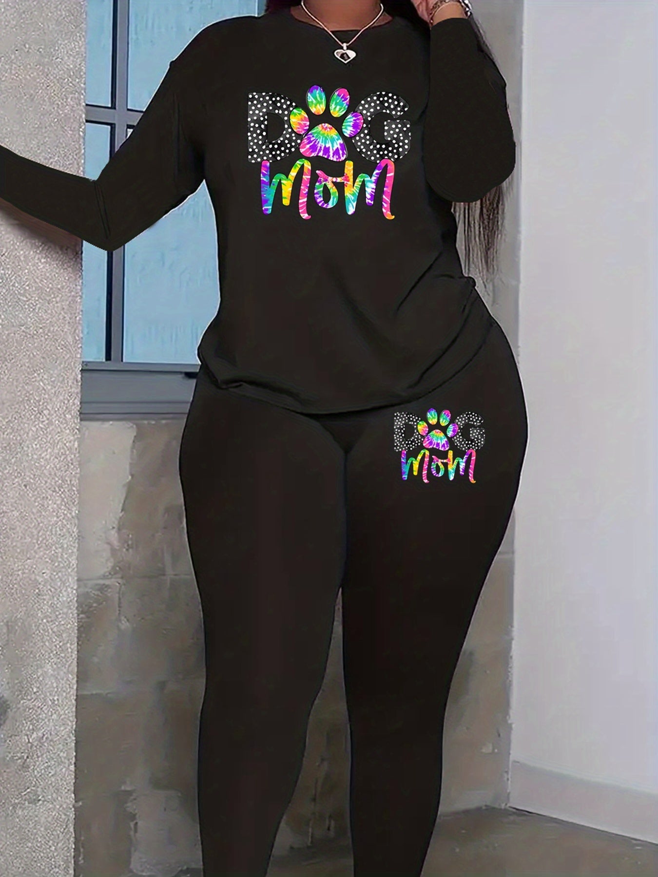  Art Letter & Paw Print Top & Leggings Set