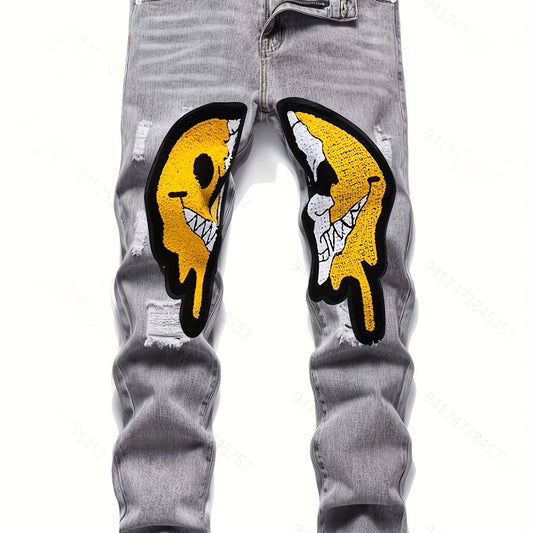 Smiling Face Regular Fit Jeans Men's Distressed Denim Pants