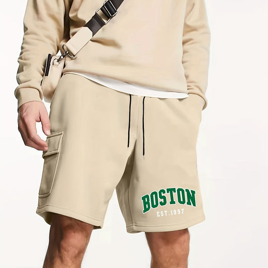 Boston Letter Print Men's Cargo Shorts Lightweight Drawstring Work Pants