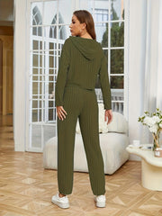 Ribbed 2pc Set Drawstring Hooded Top & Loose Pants