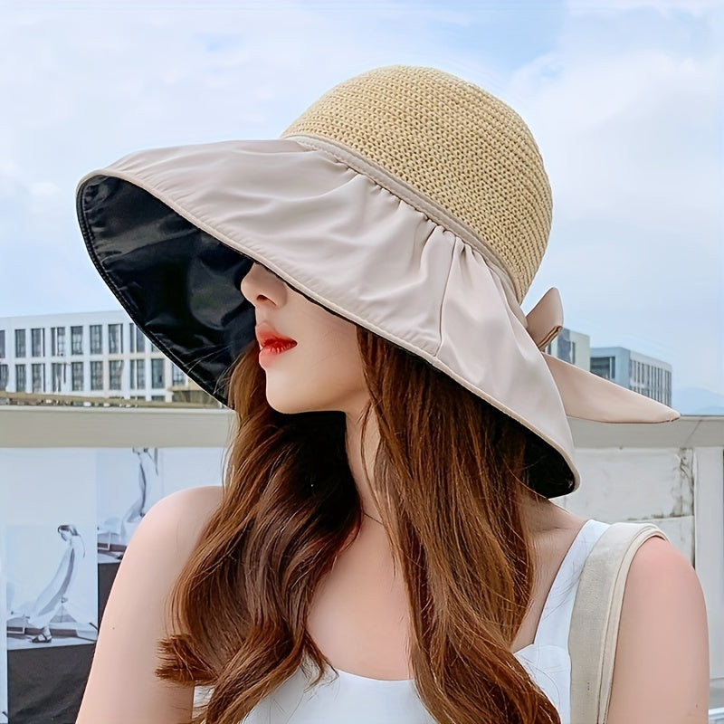 Straw Sun Hat Summer Solid Bowknot Beach Hat Women Breathable Sports Sun Hats