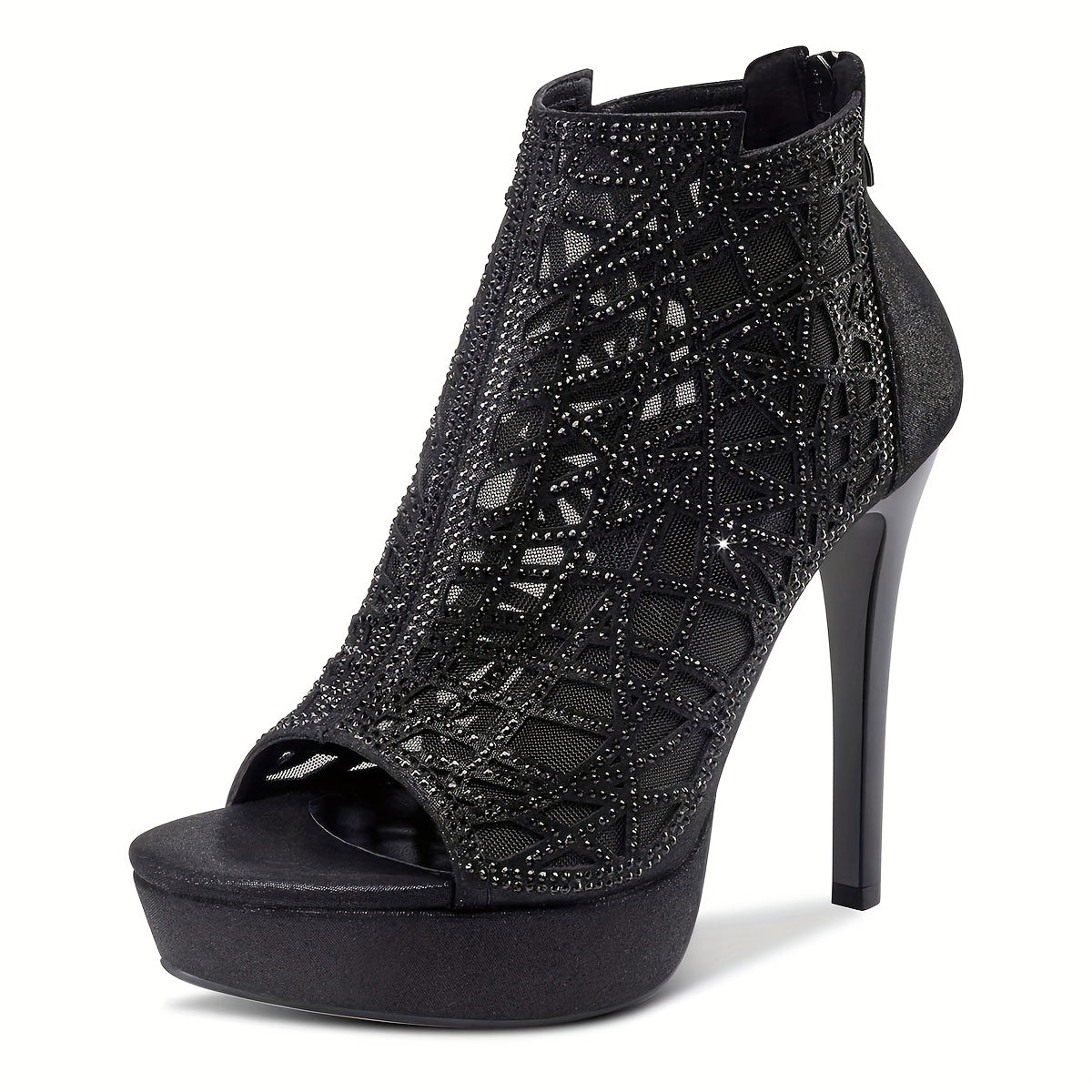 Crystal Decor Stiletto Platform Peep Toe Party Shoes