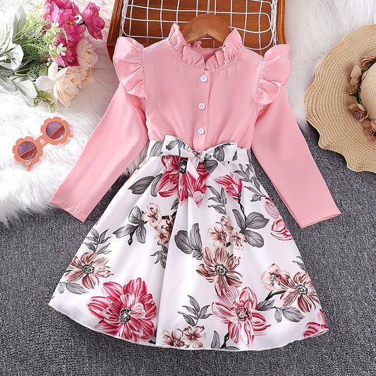 Girls' Ruffle Collar Button Front Floral Tunic Dress