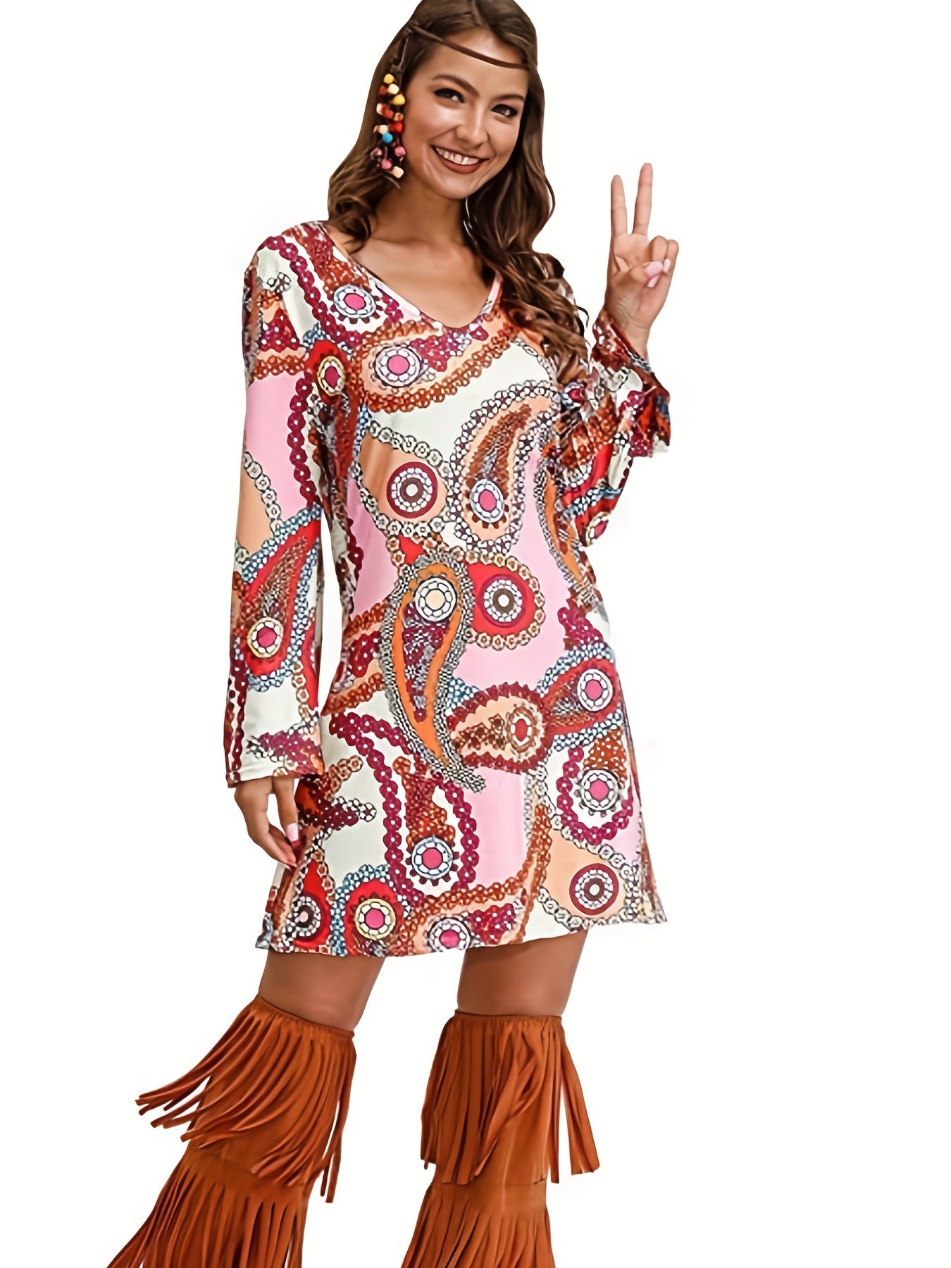 Paisley Print Vintage V Neck Long Sleeve Dress Women's Clothing