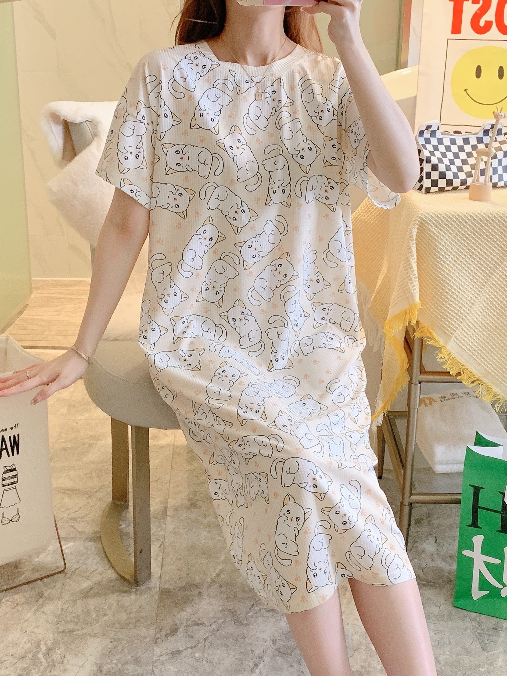 Cat Pattern Sleep Dress Casual & Comfy Short Sleeve Loose Women's Sleepwear