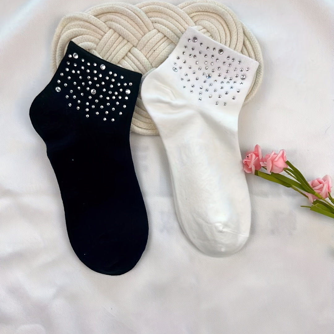 Polka Dot Rhinestone Crew Socks, Soft & Warm Women's Stockings