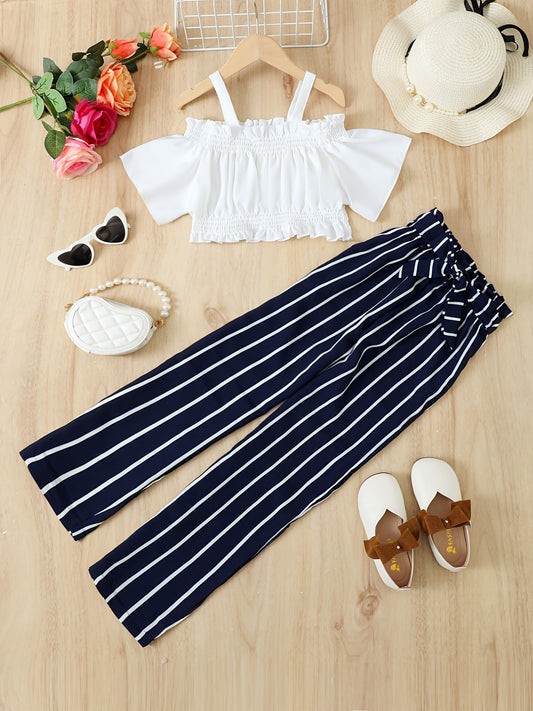 2pcs Toddler Girls Cold Shoulder Crop Tops & Pants Set