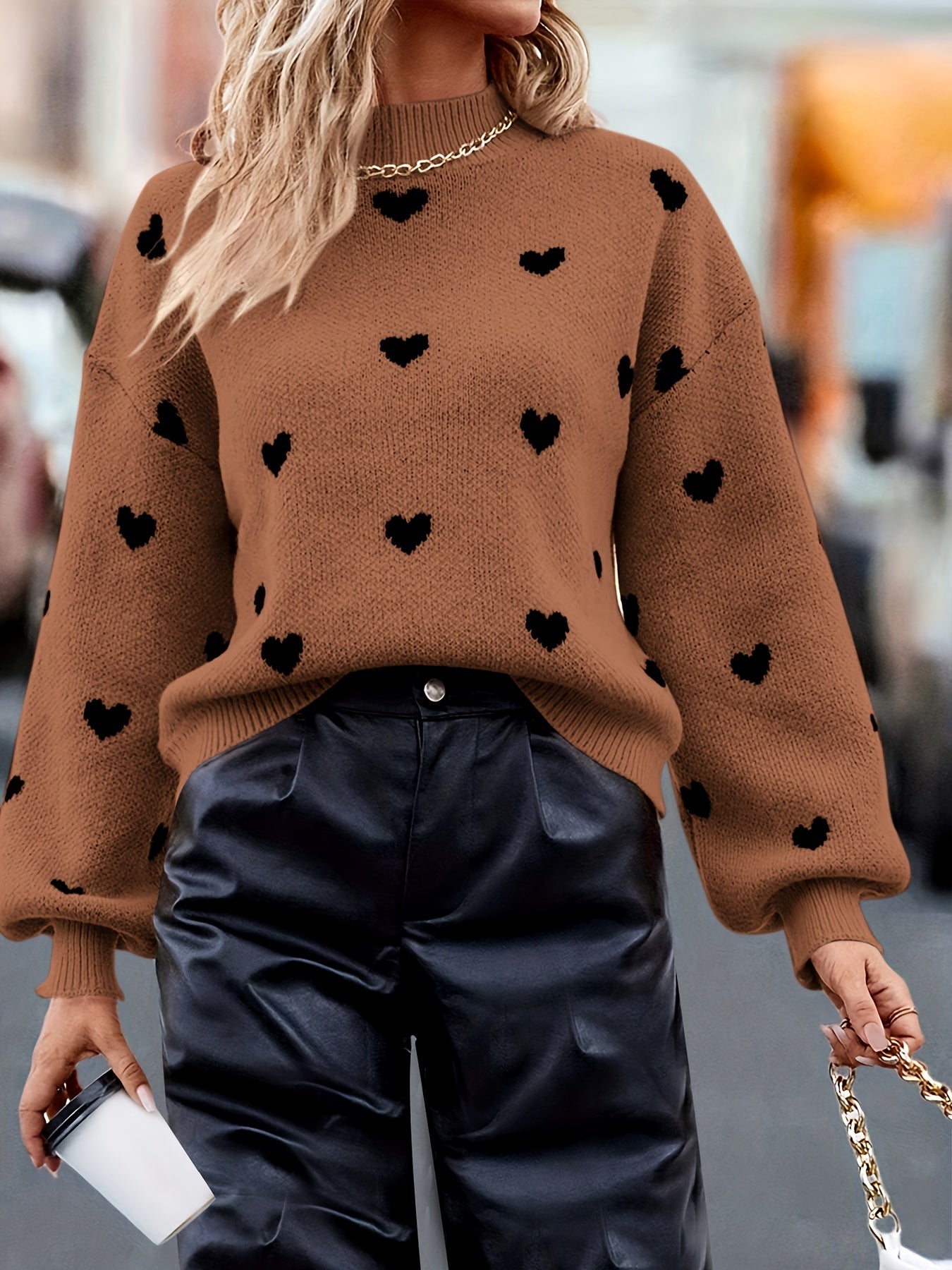 Heart Pattern Mock Neck Pullover Sweater for Fall & Winter