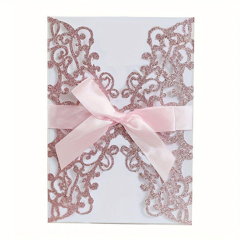 10pcs Glitter Paper Laser Cut Wedding Invitation Card Customize Card With Ribbon