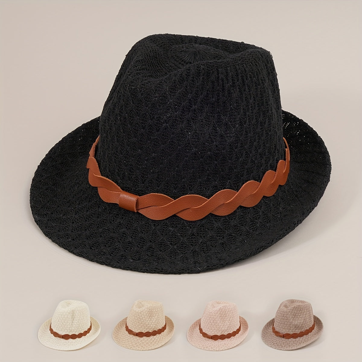 Stylish Belt Decor Sun Hat Crochet Short Brim Jazz Fedora Cap