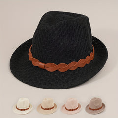 Stylish Belt Decor Sun Hat Crochet Short Brim Jazz Fedora Cap