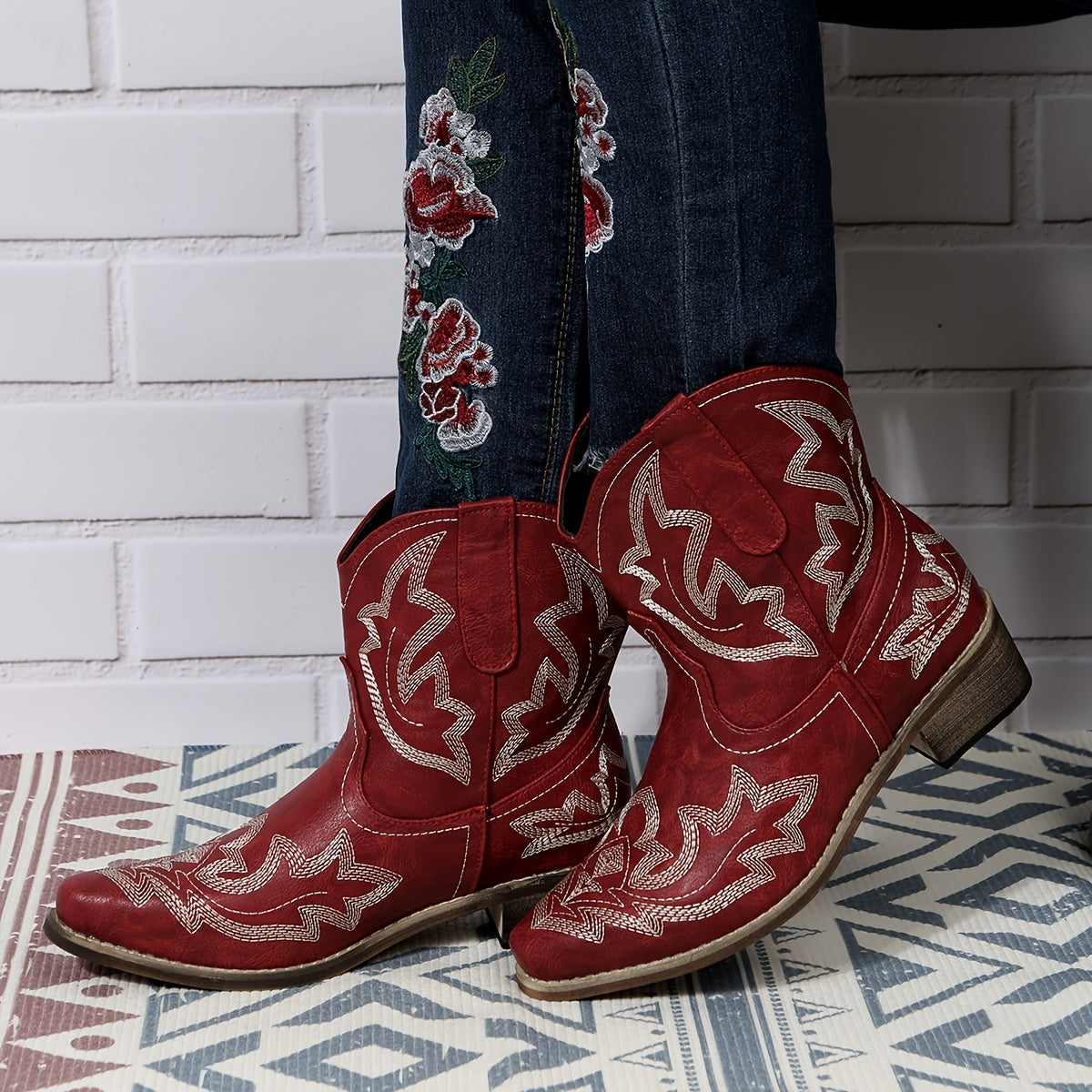 Women's V Cut Western Short Boots Low Chunky Heel Pointed Toe Shoes