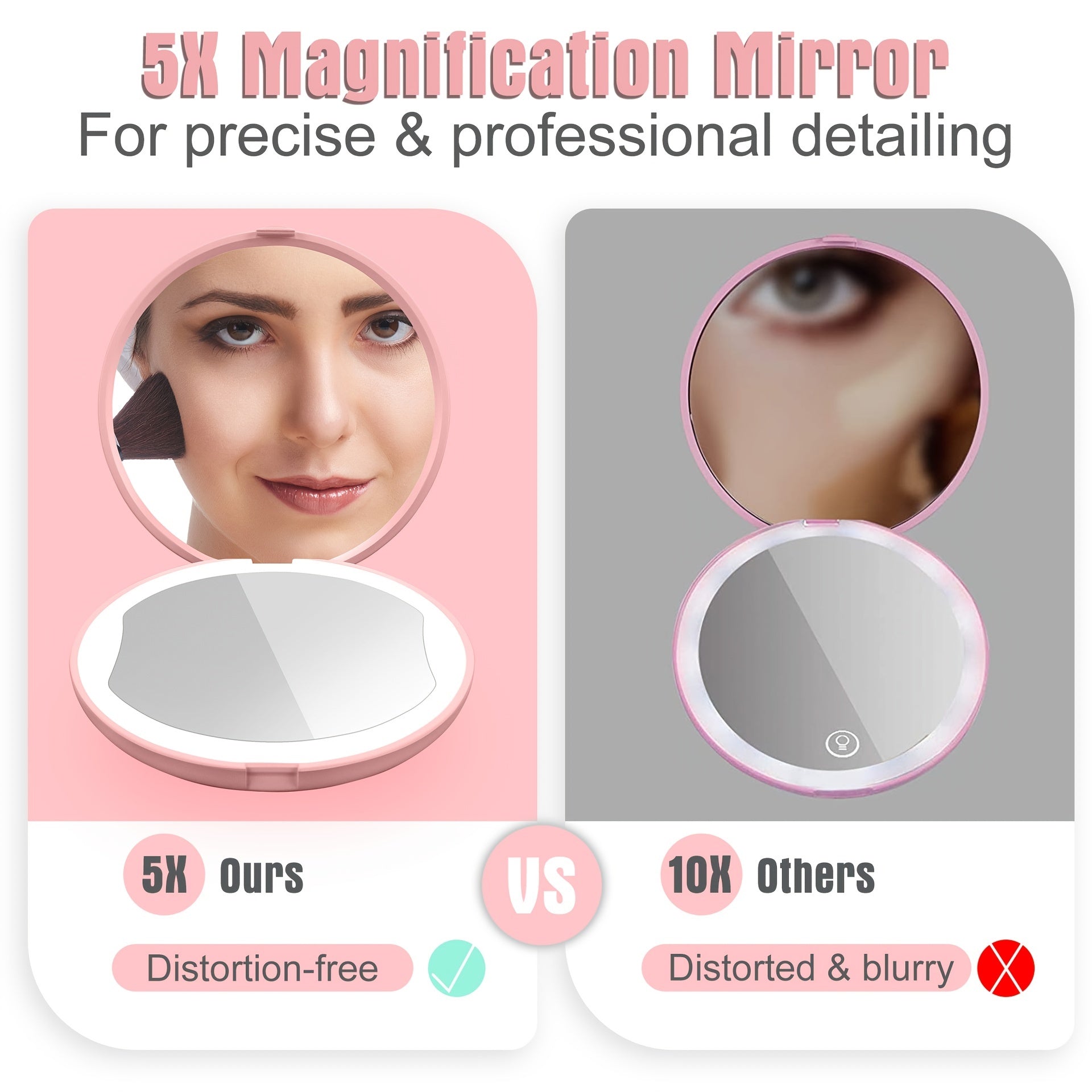 Portable Makeup Mirror with Lights Handheld Foldable Double Sided 1x 5x Mag