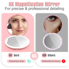 Portable Makeup Mirror with Lights Handheld Foldable Double Sided 1x 5x Mag