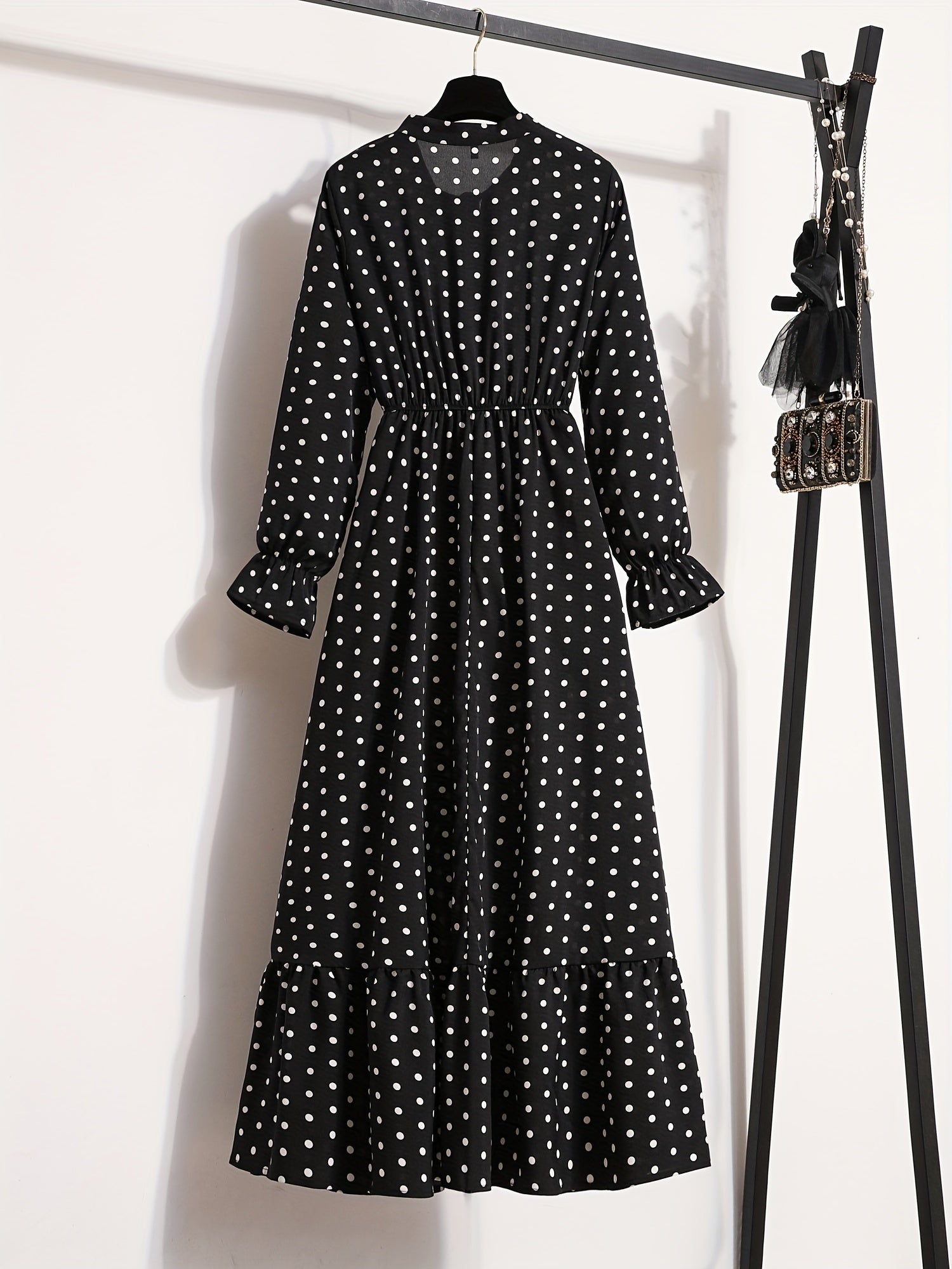 Pin Dot Print Dress Vintage Tie Neck Long Sleeve A Line Dress