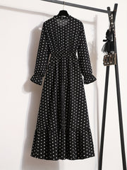 Pin Dot Print Dress Vintage Tie Neck Long Sleeve A Line Dress