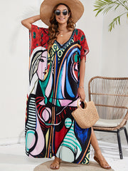  Abstract Face Print Kaftan Maxi Cover Up