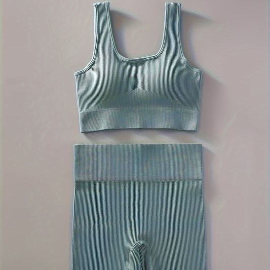 Women's Ribbed U Neck Sports Bra & Shorts Set for Yoga & Fitness