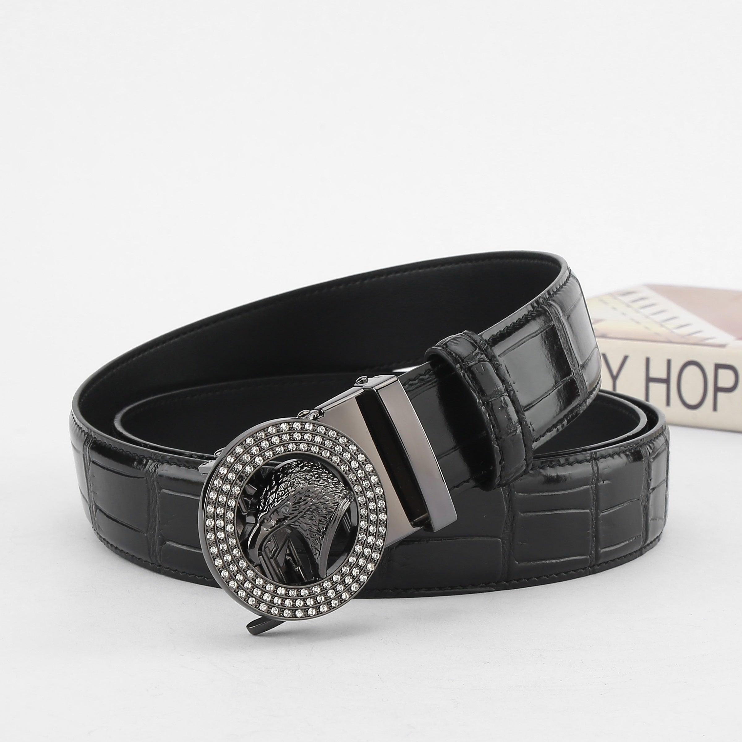 Men's Eagle Head Auto Buckle Belt Cowhide Crocodile Pattern
