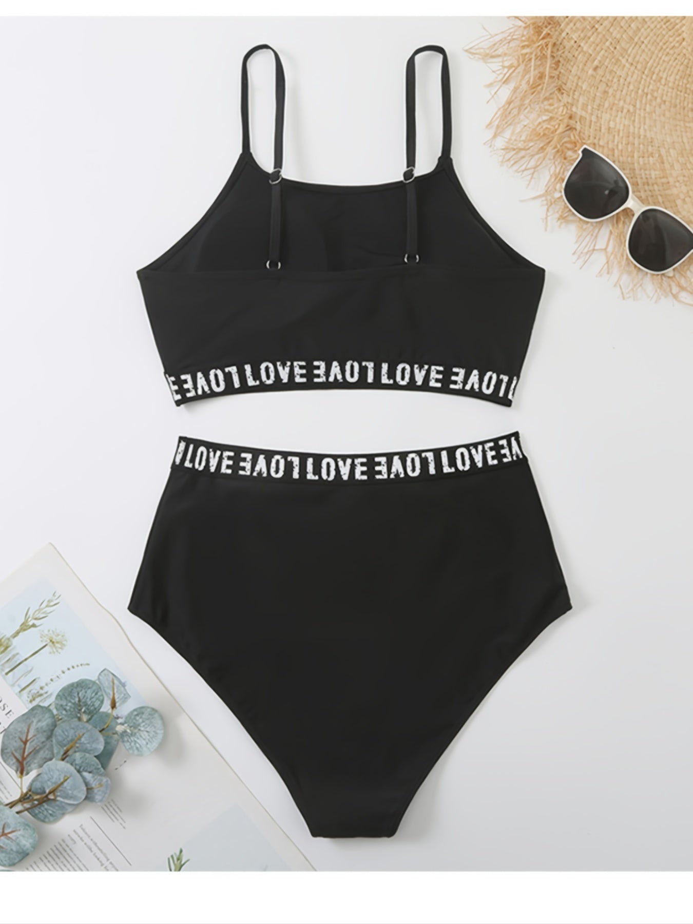  Letter Tape Crop Cami Top & Underwear Bikini Set