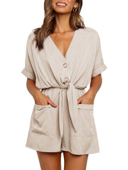 Women's V Neck Button Rompers Knot Tie Short Sleeve Jumpsuit