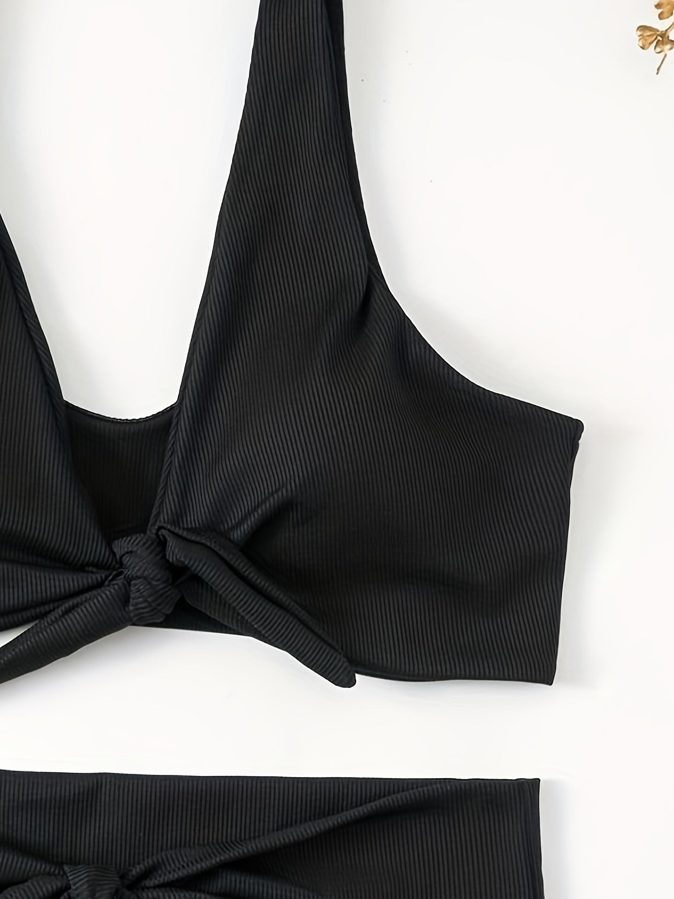  Solid Ribbed Bikini Set with Bow Knot Cut Out