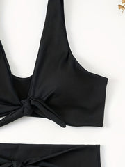  Solid Ribbed Bikini Set with Bow Knot Cut Out