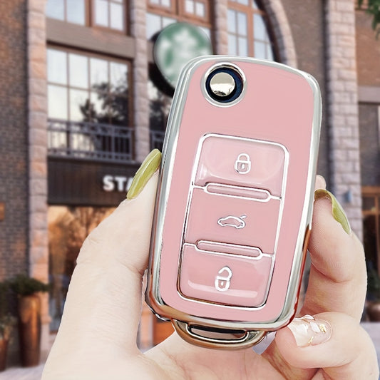 TPU Anti-drop Car Key Case Pink for Volkswagen Skoda