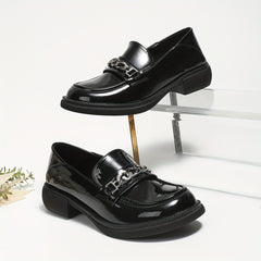 Women's Chain Decor Loafers Patent Leather Slip On Shoes