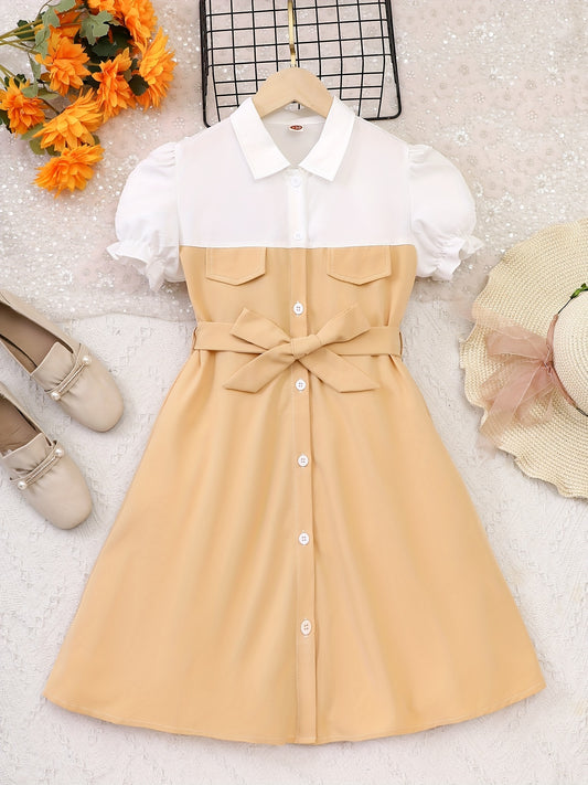 Toddler Girls Puff Sleeve Button Block Casual Belted Shirt Dress
