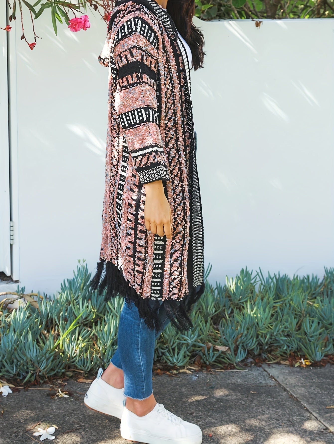  Boho Hooded Cardigan Women's Colorblock Fringe Trim Open Front