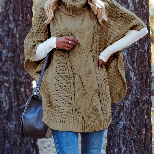  Solid Cable Bat Sleeve Turtle Neck Jumper