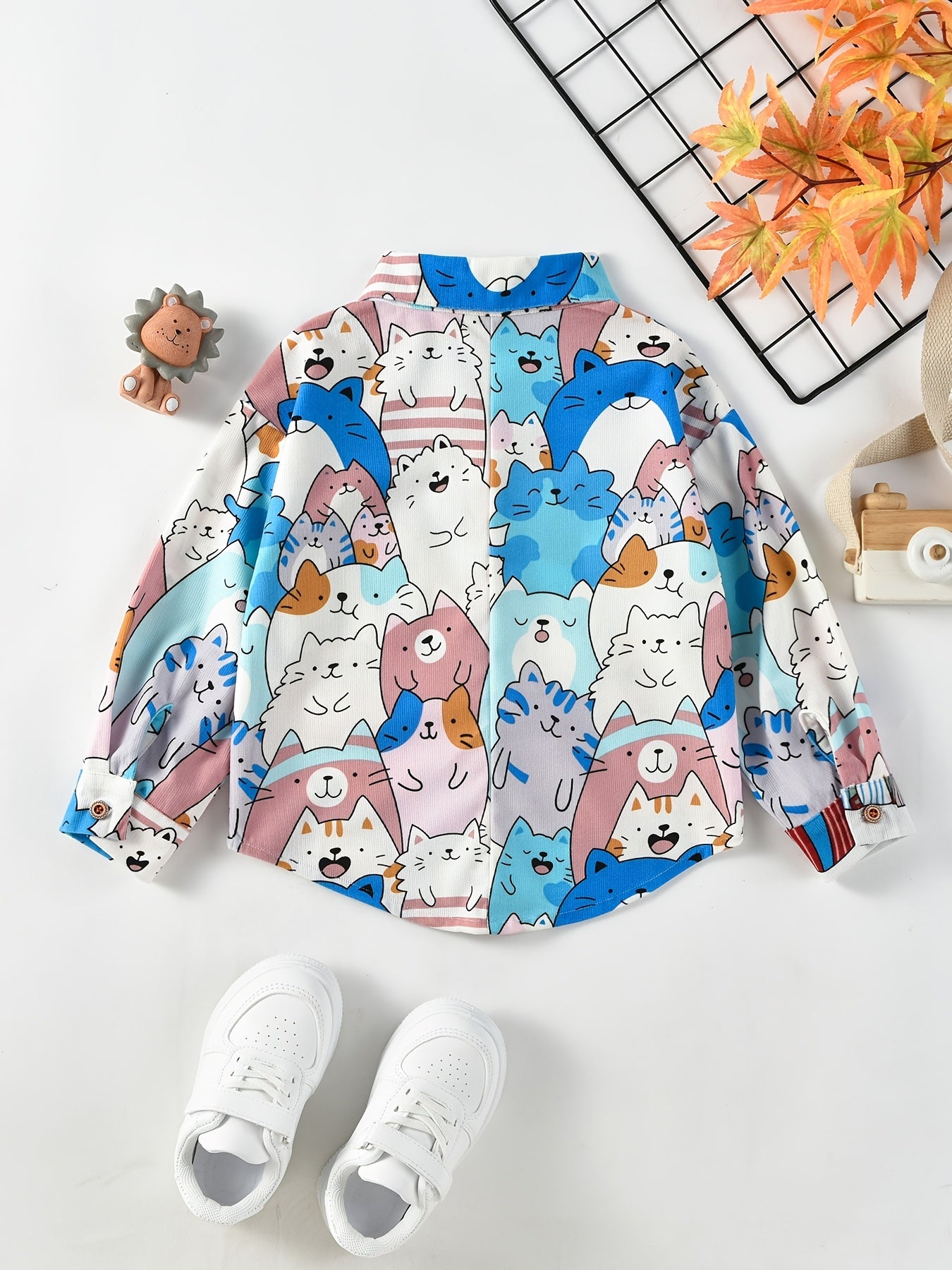 Cartoon Kitty Allover Collared Long Sleeve Shirt for Kids