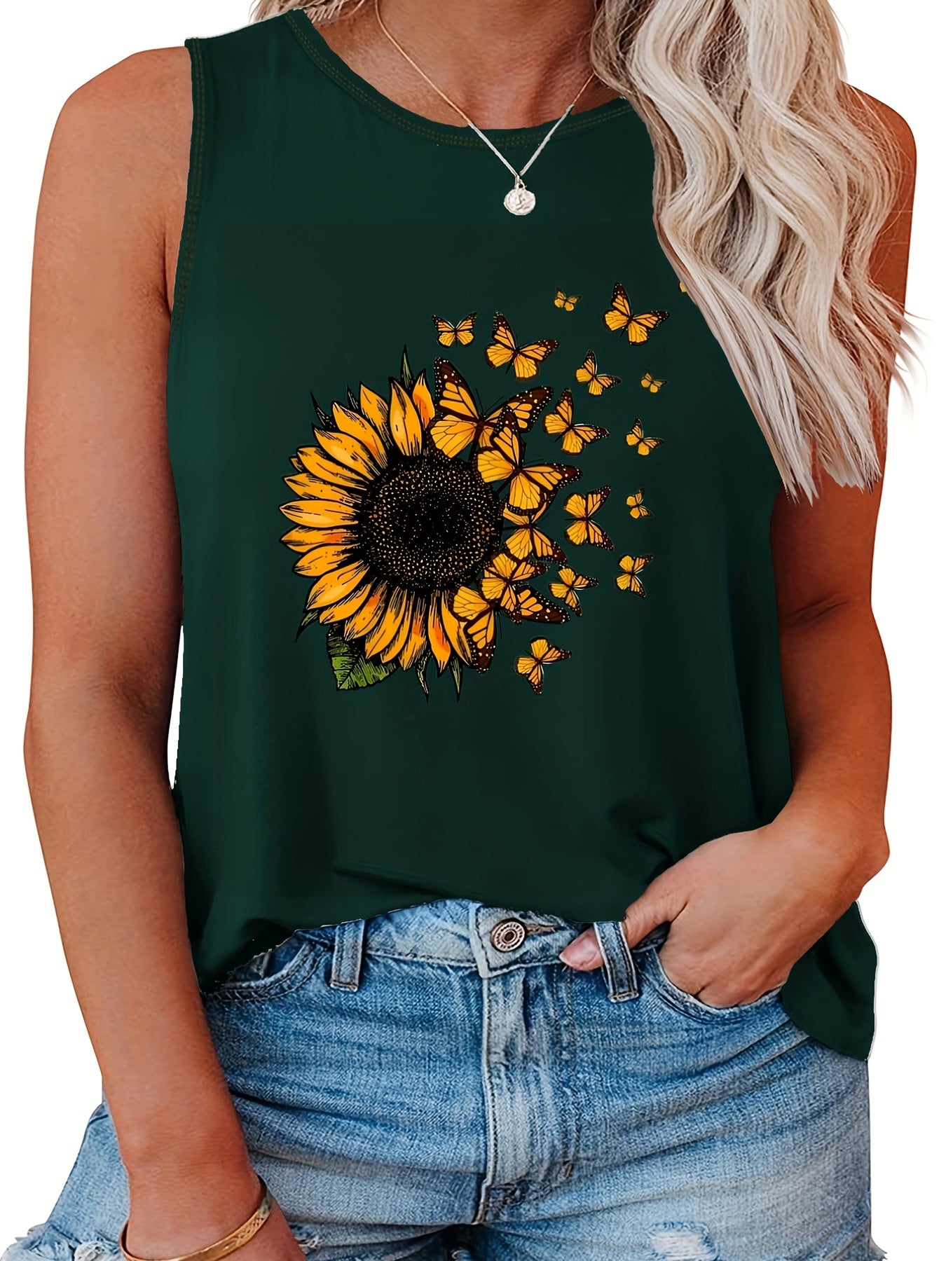  Sunflower Print Tank Top Round Neck Casual Tank