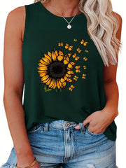  Sunflower Print Tank Top Round Neck Casual Tank