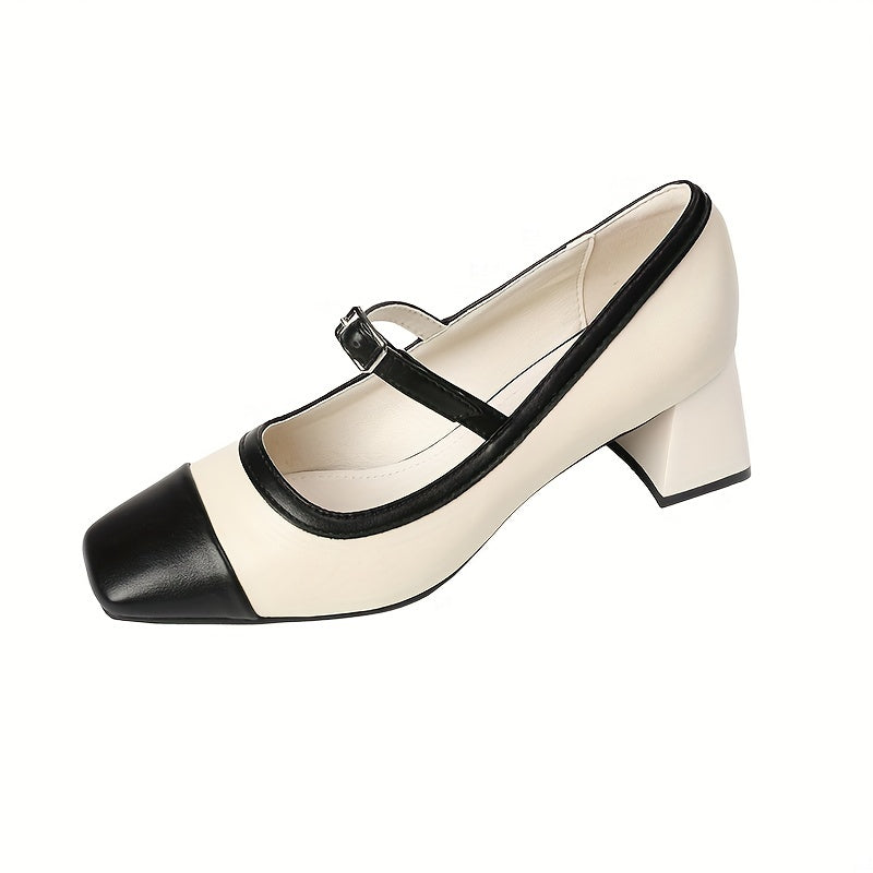 Colorblock Chunky Heels Square Toe Pumps Buckle Strap Dress Shoes