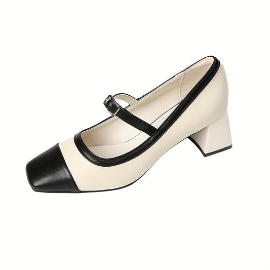 Colorblock Chunky Heels Square Toe Pumps Buckle Strap Dress Shoes