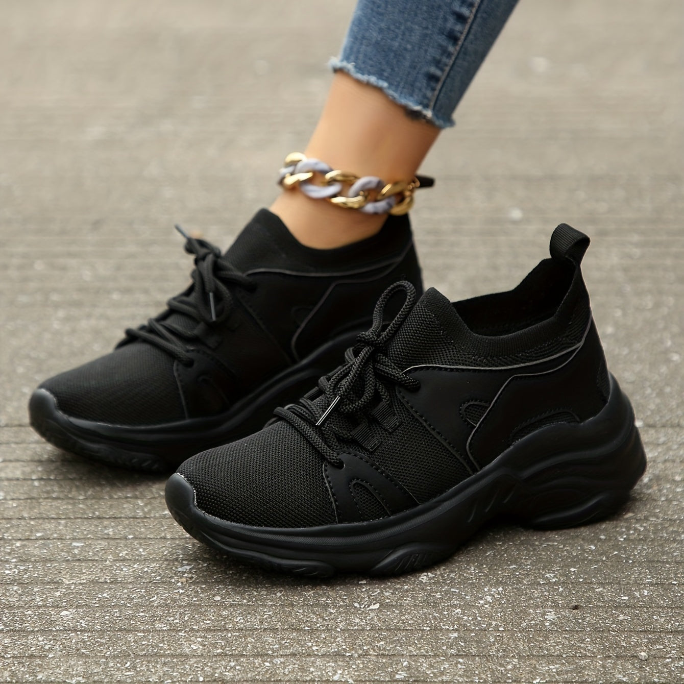 Women's Chunky Sneakers Breathable Knit Lace Up Comfy Walking Shoes