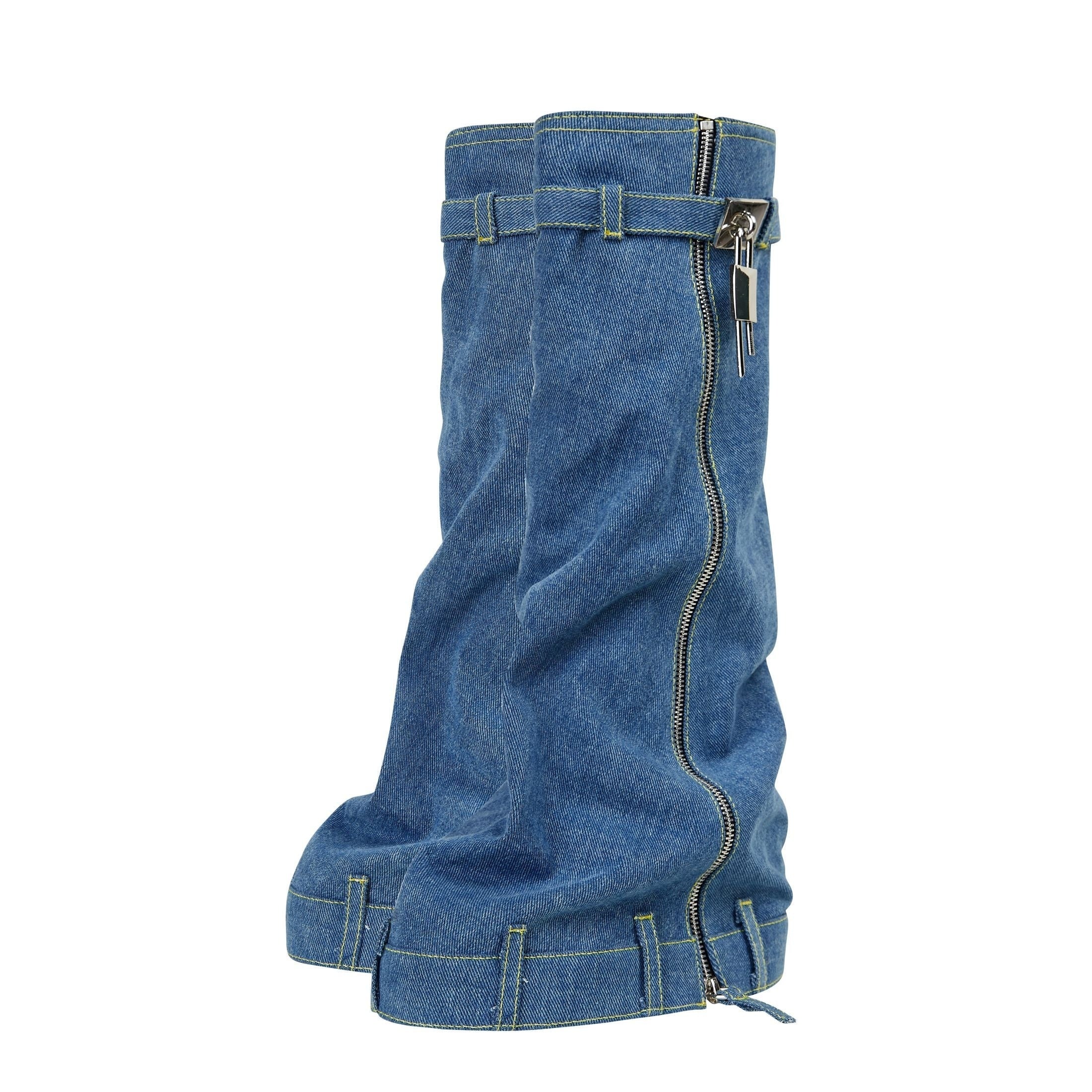Women's Padlock Decor Fold Long Boots Mid Calf Wedge Denim Platform