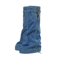Women's Padlock Decor Fold Long Boots Mid Calf Wedge Denim Platform