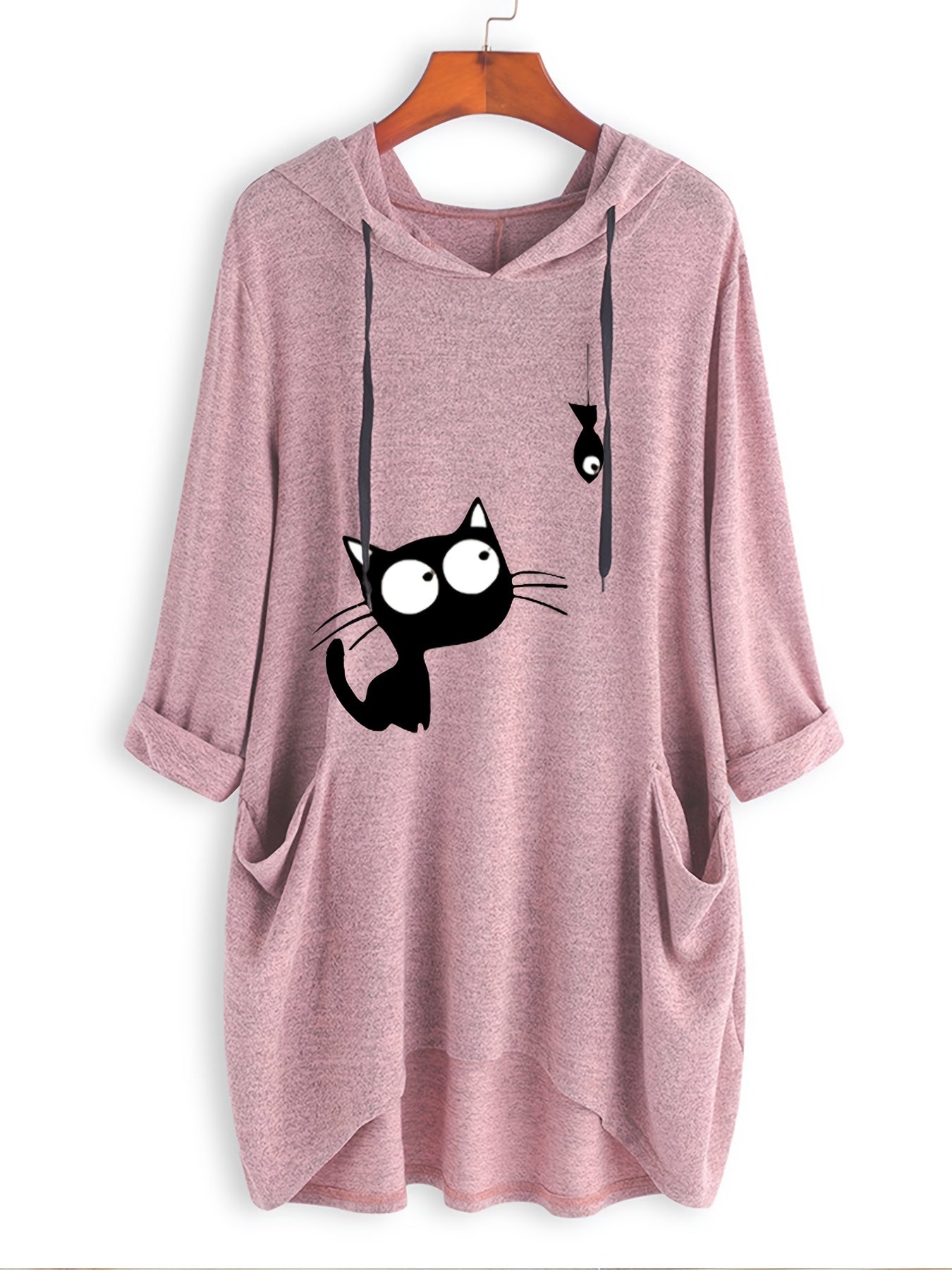 Cat Print Drawstring Hoodie Casual Long Sleeve Sweatshirt