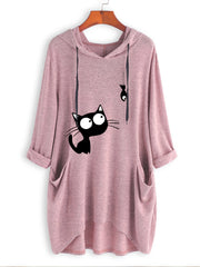 Cat Print Drawstring Hoodie Casual Long Sleeve Sweatshirt