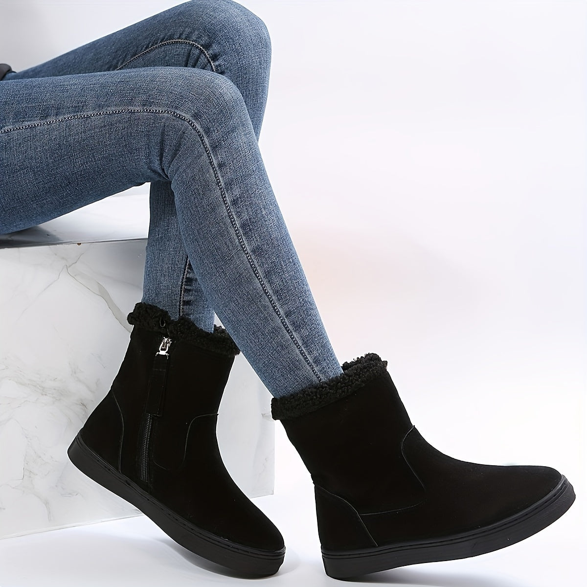 Solid Suede Snow Boots with Side Zipper