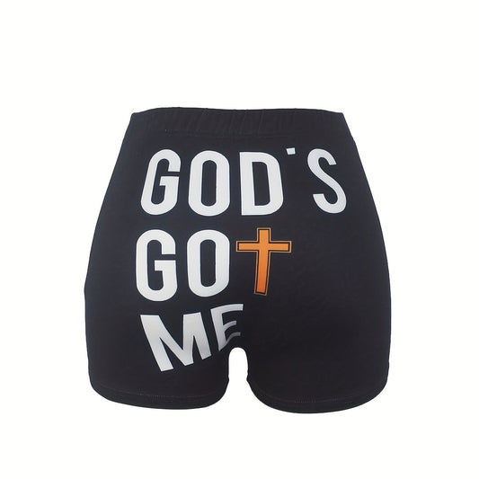 Colorblock Letter Print Skinny Shorts for Women