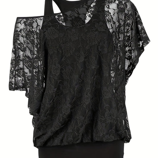 Lace Ruffle Trim Blouse & Tank Top Set Women's Clothing