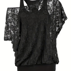 Lace Ruffle Trim Blouse & Tank Top Set Women's Clothing