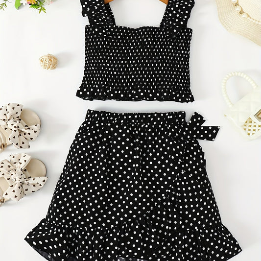 Girls' 2 Piece Outfit Shirred Crop Top & Frilled Mini Skirt Set